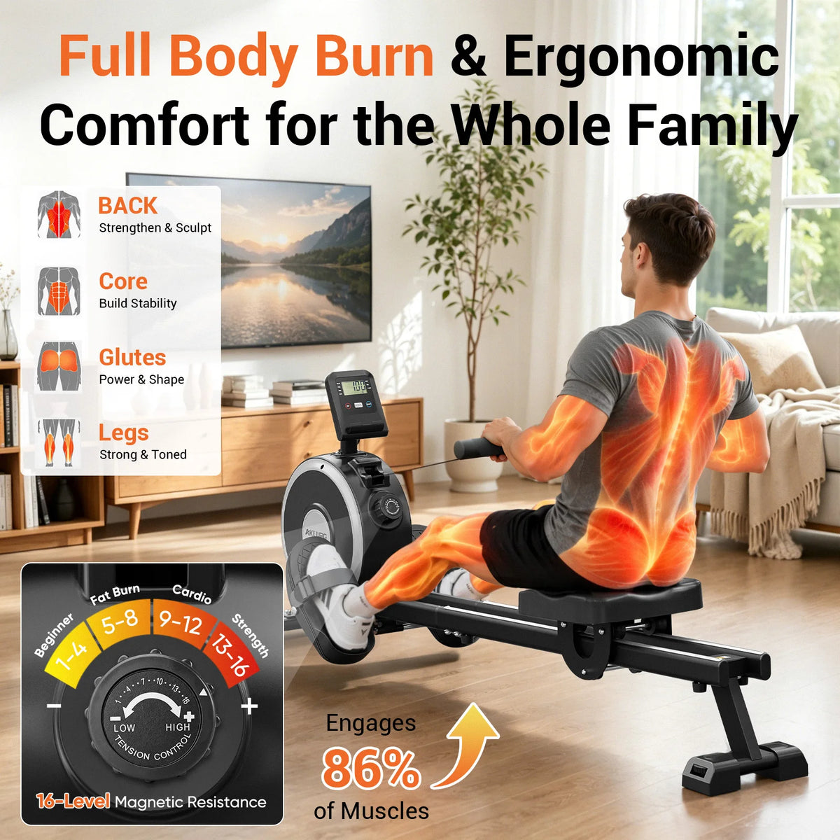 EU Stock Magnetic Rowing Machine Folding Indoor Rower Home Gym Fitness Equipment with App Integration