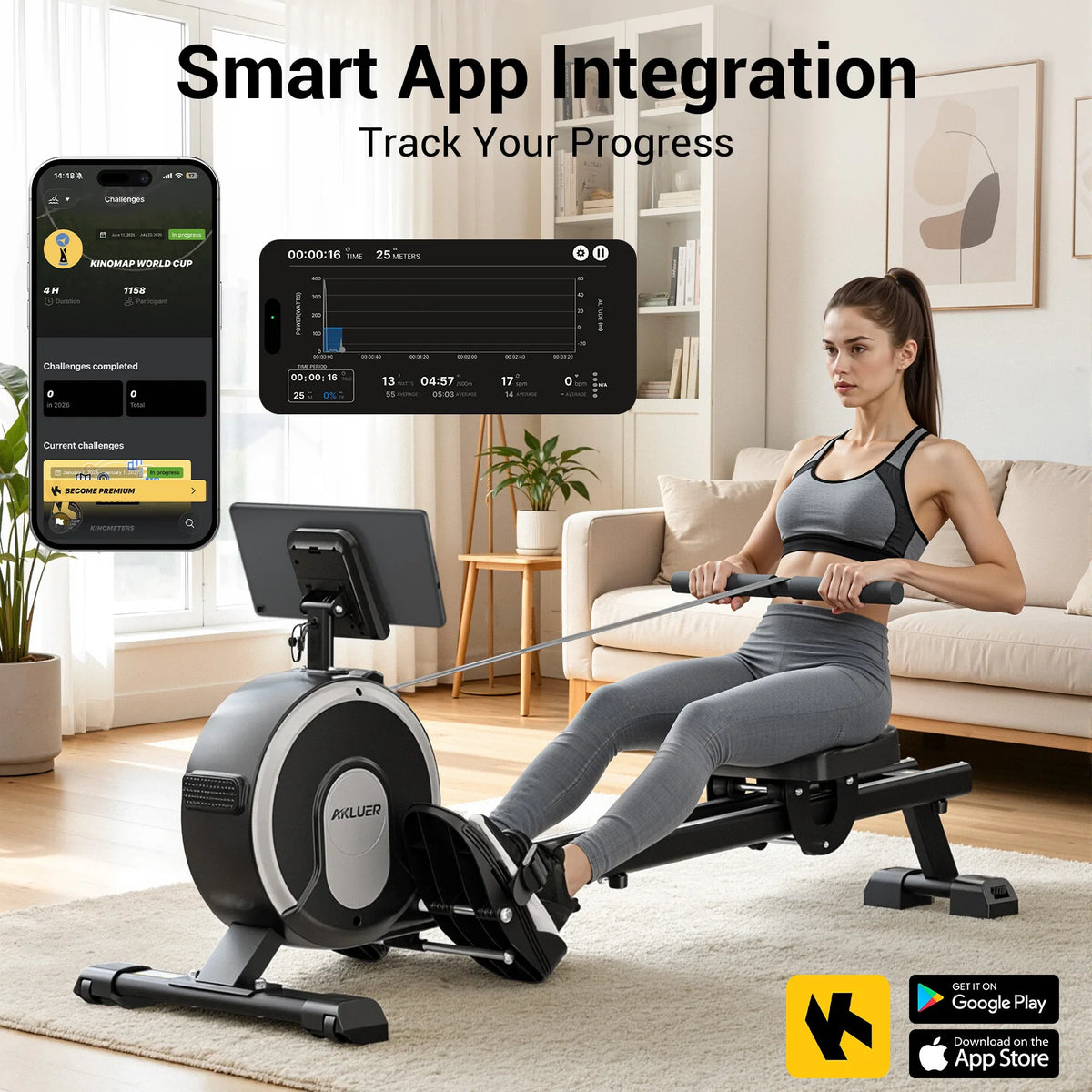 EU Stock Magnetic Rowing Machine Folding Indoor Rower Home Gym Fitness Equipment with App Integration